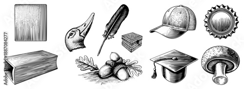 Vintage Engraved Set Featuring Duck, Feather, Cap, and Mushroom