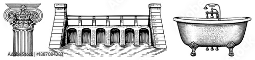 Classical Column, Stone Dam, and Clawfoot Bathtub in Vintage Engraved Style