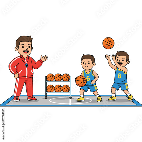 Young Boys Playing Basketball with Coach.