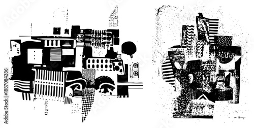 Abstract Geometric Cityscape Composition with Halftone Textures