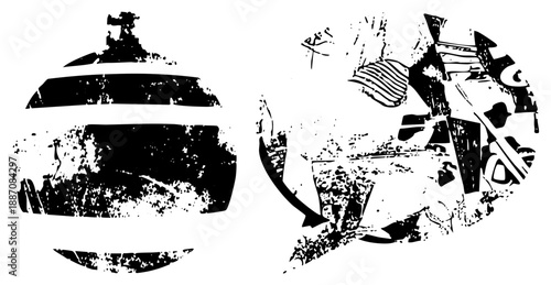 Abstract Black and White Graphic with Textured Shapes and Dynamic Composition