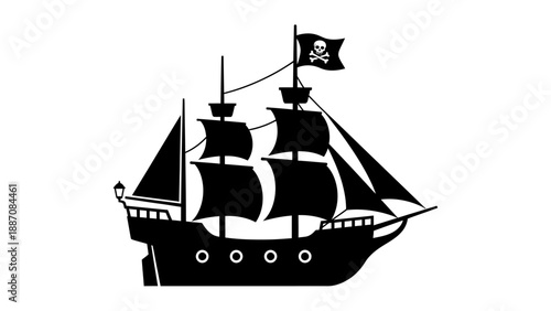 Black Pirate Ship Silhouette with Jolly Roger Flag