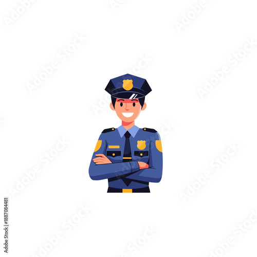 Cartoon Police Officer Standing Confidently With Arms Crossed.