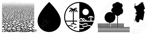 Five Black Silhouetted Environmental Cracked Earth, Water Drop, Tropical Scene, Trees, Island Map
