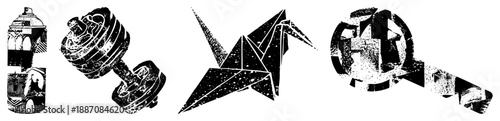 Four Distinct Black and White Graphic Spray Can, Dumbbell, Origami Crane, Magnifying Glass