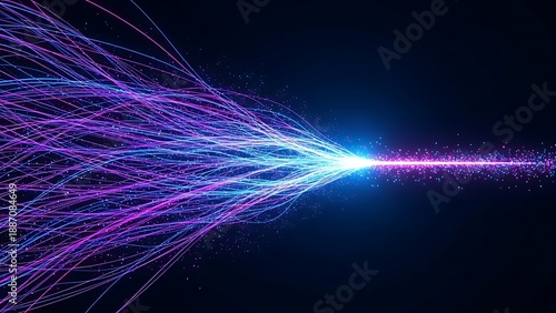 Vibrant pink and blue light beams converging into a bright focal point on a dark background convergence