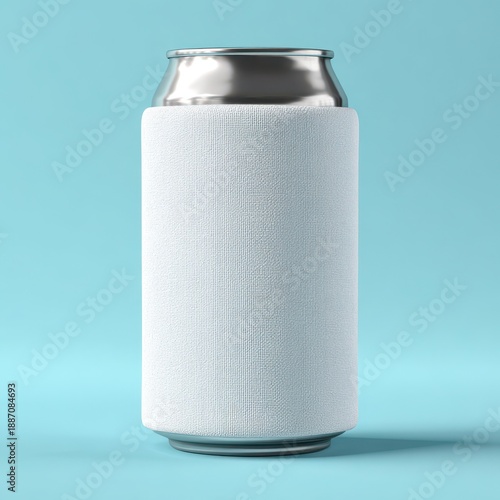 Blank White Beverage Can Cooler Mockup on Light Blue Background