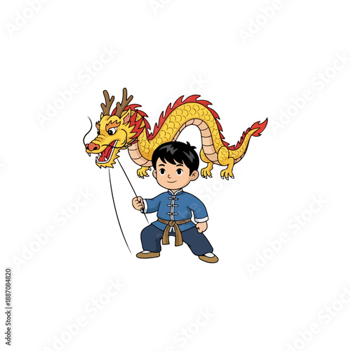 Boy Dancing With A Dragon Puppet.