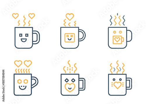 Whimsical Line Art Collection of Mugs Expressing Emotions with Heartfelt Steam