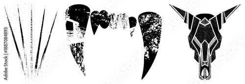 Geometric Bull Skull and Fangs Vector Set with Halftone Texture