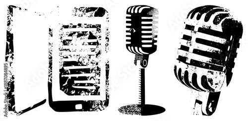 Vintage Microphones and Smartphone with Distressed Graphic Design