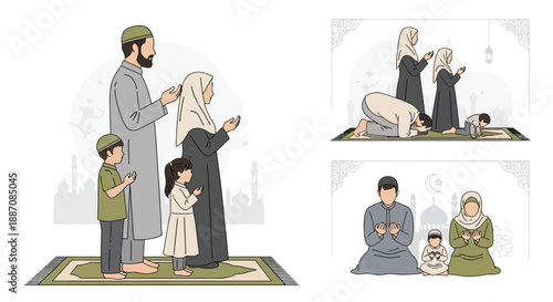 muslim family praying together on green prayer mat in different positions