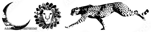 Stylized Moon, Mosaic Lion Head, and Cheetah Silhouette Vector Set