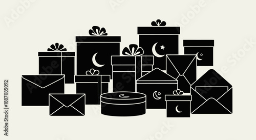 Black and white illustration of various wrapped gifts and envelopes with crescent moon symbols on a beige background