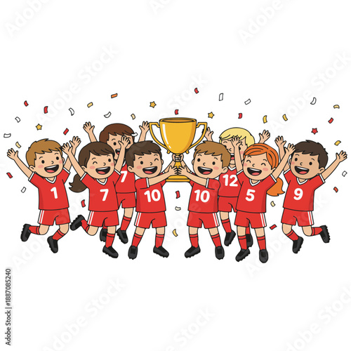 Joyful Youth Soccer Team Celebrating Victory with a Golden Trophy.