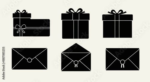 black gift boxes and envelopes with white outlines on beige background