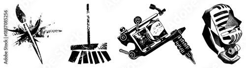 Vintage Tattoo Machine, Brush, Microphone & Broom Set