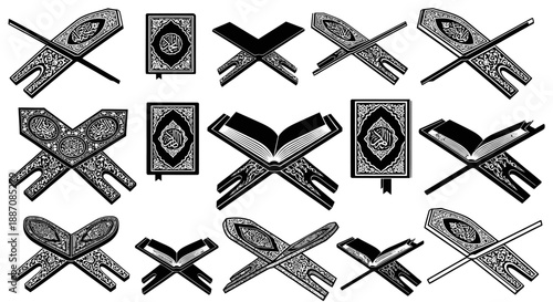 Islamic prayer book and pen illustrations on white background