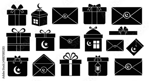 Ramadan kareem eid mubarak gift box and envelope icons with crescent moon and star symbols