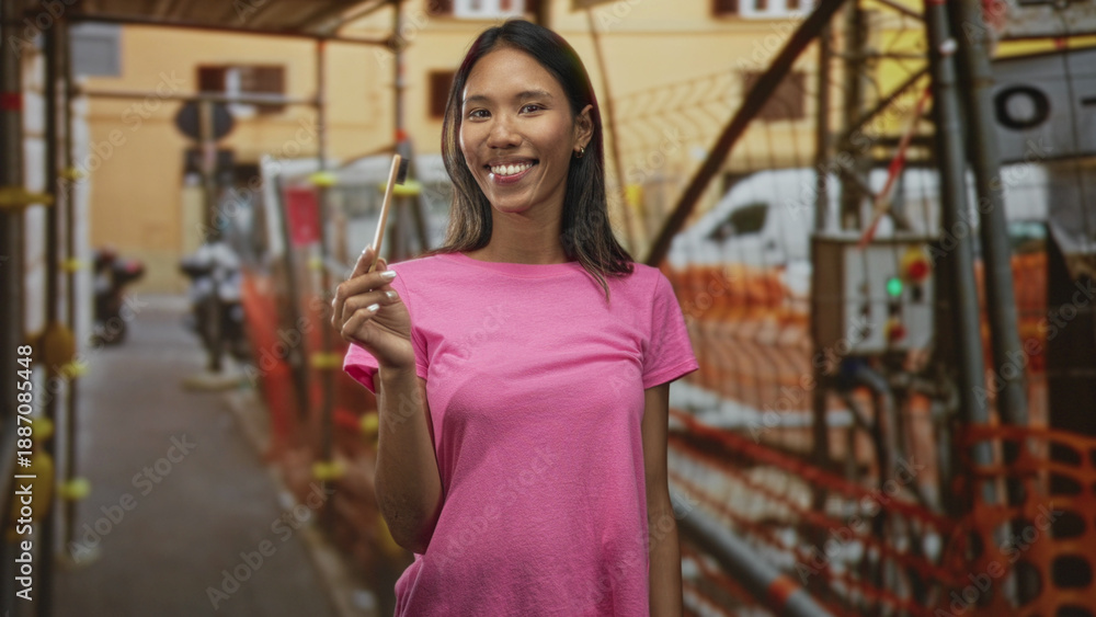 Fototapeta premium Thai young brunette woman holds toothbrush and smiles, wearing pink tshirt while standing amid scaffolding on street; cheerful oral care.
