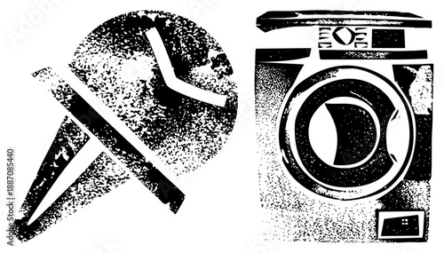 Vintage Halftone Illustration of Washing Machine and Hammer