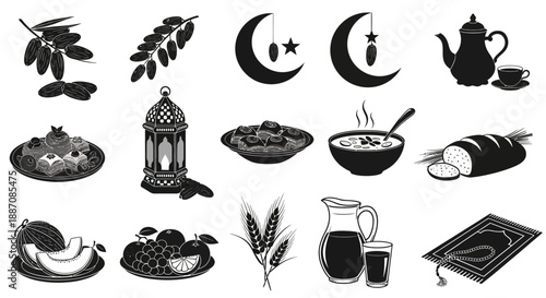 Ramadan kareem concept with food and drink and ramadan lanterns and crescent moon illustrations