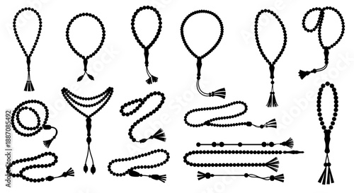 Various traditional prayer beads in different styles and arrangements on white background