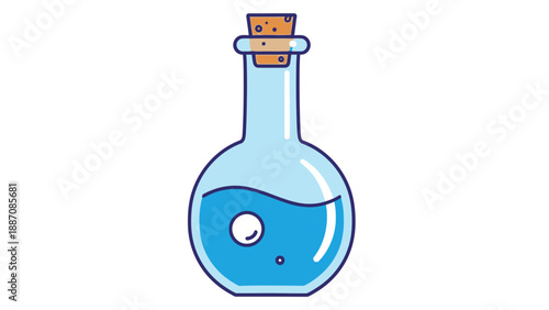 Blue Potion Bottle with Cork Stopper, Bubbles and Reflection