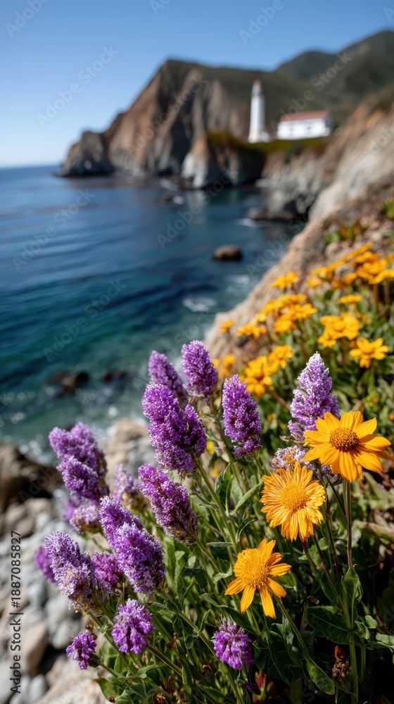 Obraz premium Colors of superbloom along Big Sur's coastline with a lighthouse view