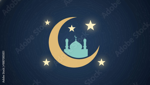 Ramadan Crescent Moon and Mosque Silhouette
