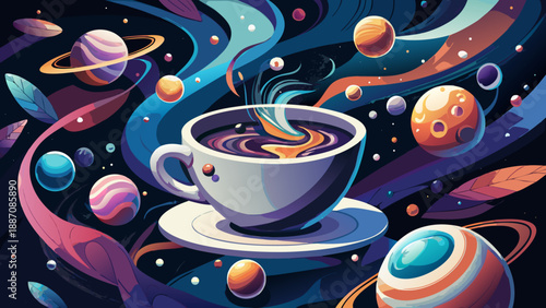 Very beautiful surreal illustration of a white coffee cup on black background, with celestial objects and metallic spheres falling inside, blending cosmic fantasy with imaginative beverage art.