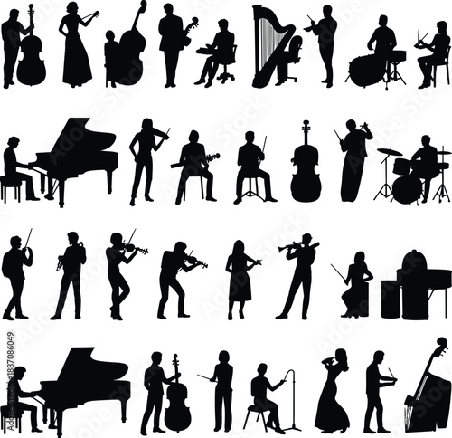 Collection of musician silhouettes playing orchestra instruments including piano violin cello drums harp isolated on white background for music concert design illustration set