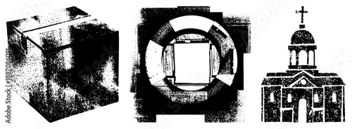 Geometric Cube, Circular Frame, and Church Building in Halftone Vector Style