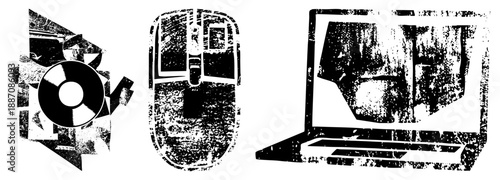 Vintage Digital Tech CD, Mouse, Laptop in Grunge Vector Style