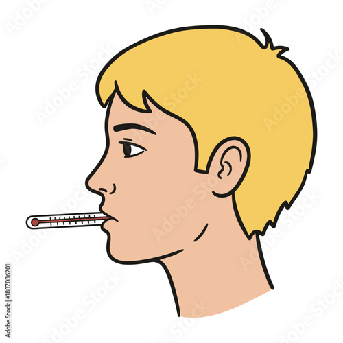 Man with thermometer in mouth checking fever