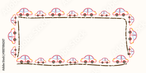 Cute crayon car frame with a rectangle border. Designed for kindergarten templates, kids birthday banners, and cheerful preschool graphics