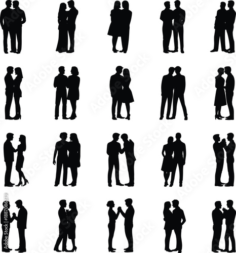 Collection of romantic couple silhouettes showing men and women standing together in various poses isolated on white background for design and advertising use