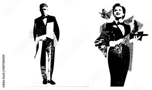 Vintage Glamour Couple in Tuxedos Holding Cocktail Tray and Box