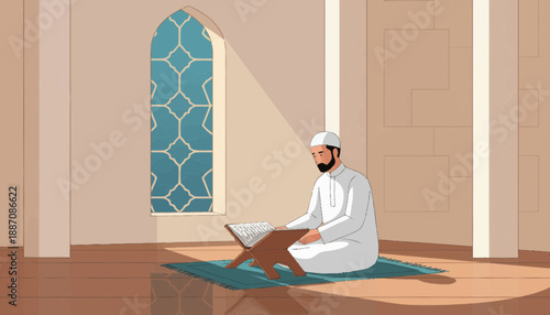 Man reading holy book in mosque interior