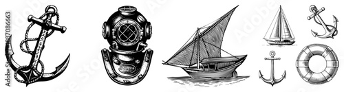 Nautical Including Anchor, Diving Helmet, Sailboat and Lifebuoy