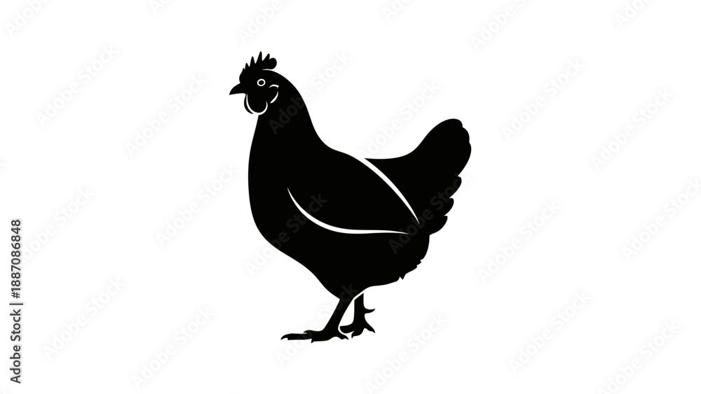 Fototapeta premium Black chicken silhouette, simple farm animal icon on white background