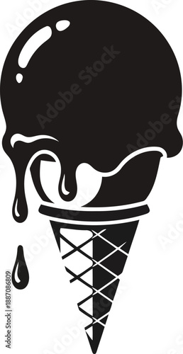 Ice cream cone silhouette vector icon with melting scoop and waffle pattern isolated on transparent background for food design work
