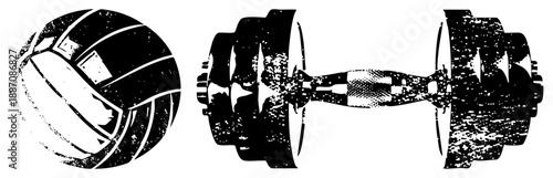 Volleyball and Dumbbell Fitness in Grunge Vector Style