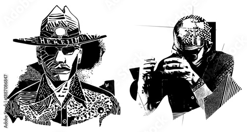 Two Stylized Black and White Illustrated Figures with Geometric