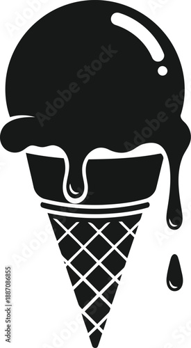 Ice cream cone silhouette with melting scoop and waffle pattern in flat vector style for summer food design and dessert illustration