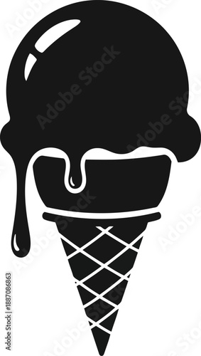 Melting ice cream scoop on waffle cone silhouette vector illustration for dessert menu design and summer food branding projects icon