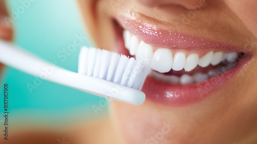 macro close-up of a smiling mouth with clean white teeth brushing with a toothbrush, visible toothbrush bristles touching the teeth, fresh hygienic look, healthy gums, soft natural