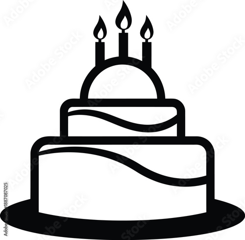 Celebration birthday cake with three lit candles on top of multi tiered dessert party icon vector illustration