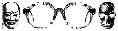 Three Traditional Japanese Noh Theater Masks with Halftone