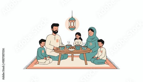 Family iftar gathering with traditional food and lantern